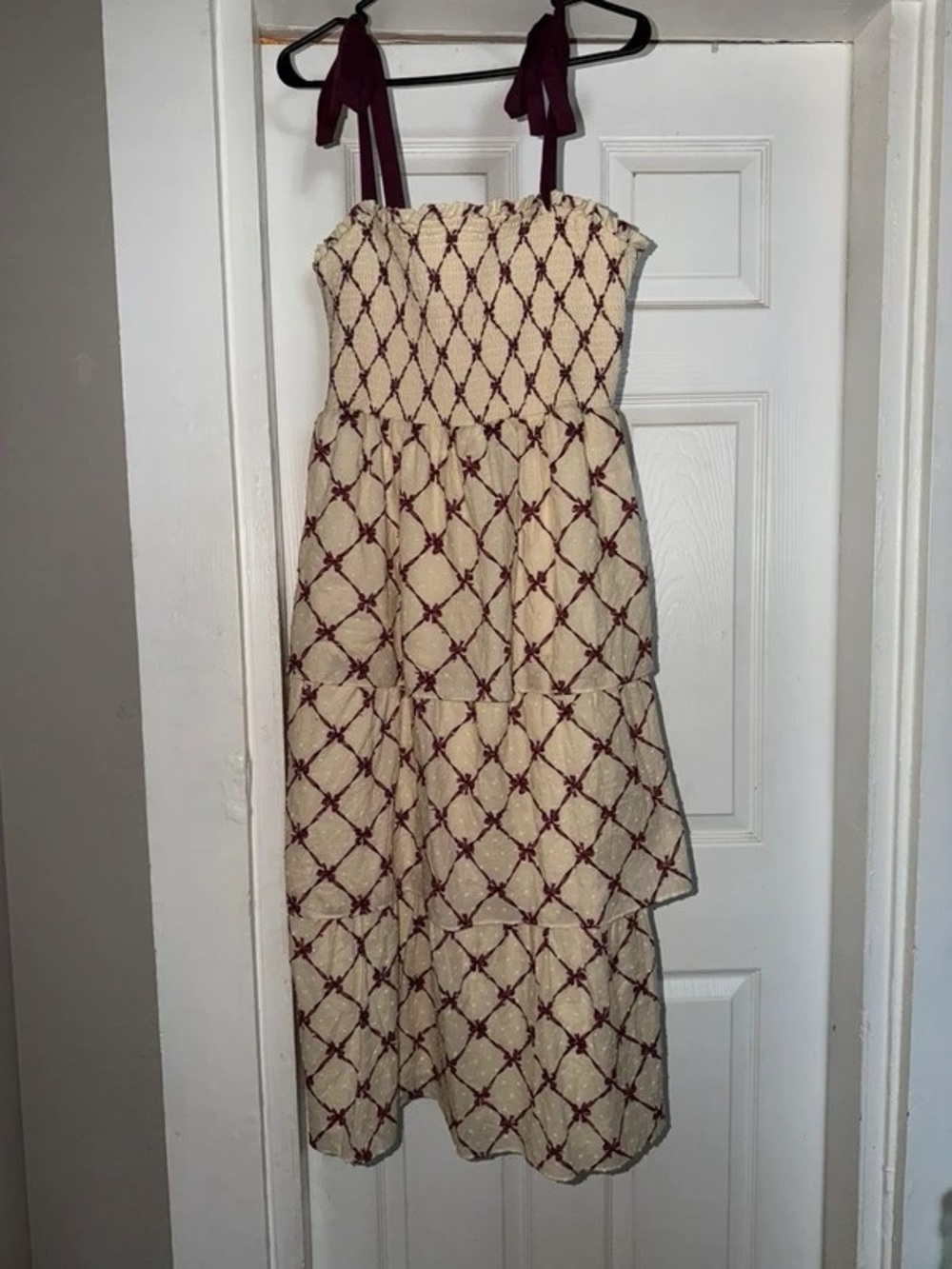 Cream Maxi Dress with Burgundy Lattice Embroidery and Tie Straps